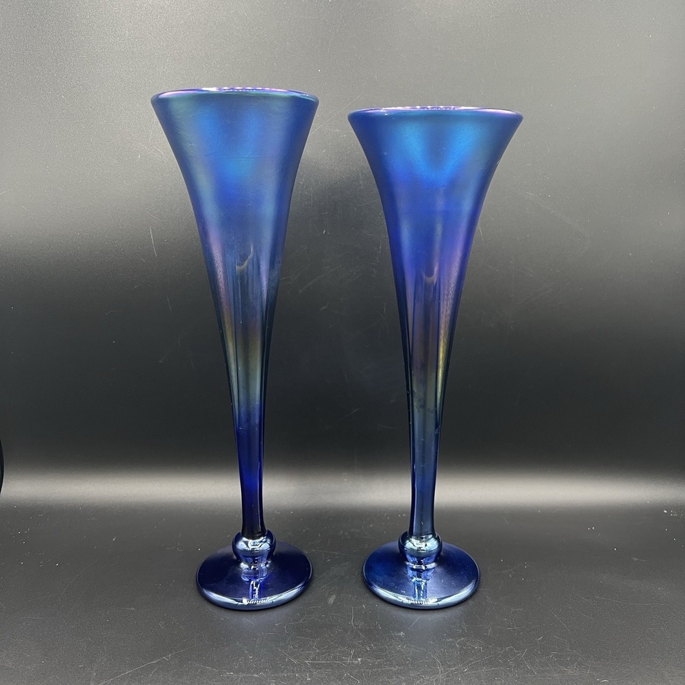 2 RICK STRINI Art Glass Blue Luster Iridescent Champagne Flute Stem Set ~ Signed